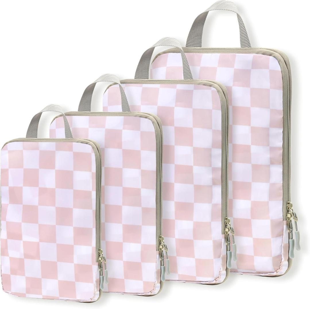 WOOMADA Compression Packing Cubes for Suitcases Travel Essentials 4 Set Expandable Travel Bags Organizer for Luggage(pink checkerboard)
