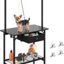 Dog Grooming Table with Drawers and Mesh Tray,32 Inch Adjustable Pet Grooming Table with Non-slip Removable Washable Mat and EVA Protective Lanyard ,Professional Grooming Table for small Dogs at Home