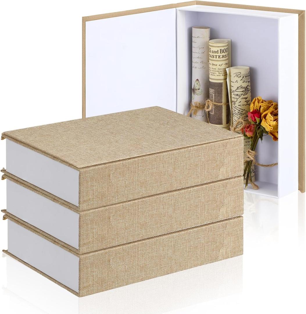 Tioncy 3 Pcs Fake Book Box Neutral Linen Book Box Decorative Faux Prop Storage for Farmhouse Home Decor shelf Table Card Photo DIY Keepsake Gift(8.6 x 6.1 x 1.8 Inch,Beige)