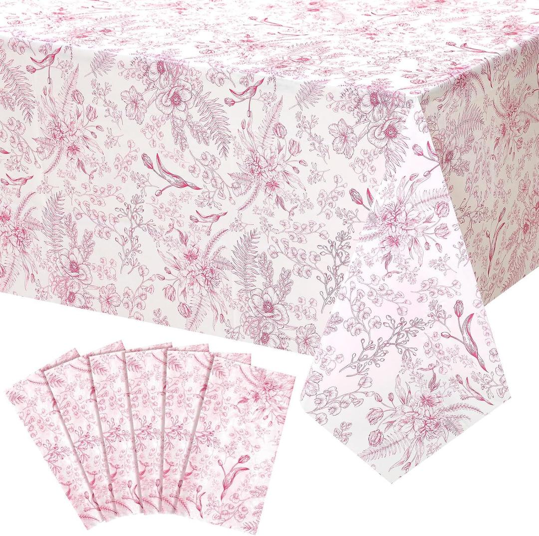 Ganeen 12 Pcs Pink Floral Plastic Tablecloth Floral Rectangle Tablecloths Vintage Flower Disposable Pink Flower Waterproof Table Covers for Birthday Wedding Home Decor Party Favors