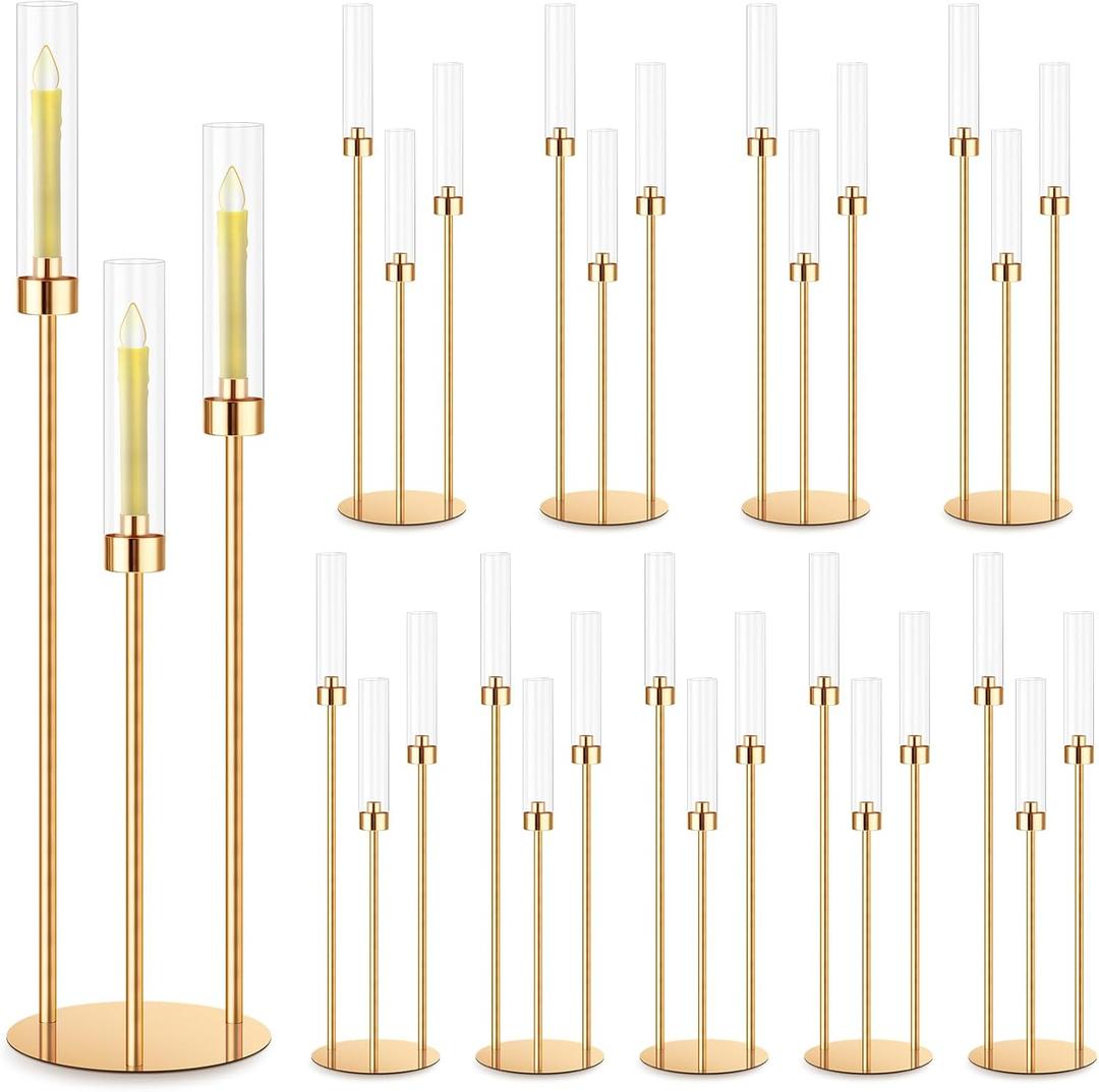 Suclain 10 Set 3 Arm Candelabra Centerpiece 33.8 Inch Candelabra Candle Holder Metal Floor Pillar Candlesticks Gold Candelabra Centerpieces for Tables Wedding Halloween Home Party Decoration