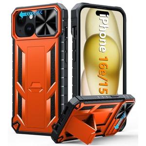 FNTCASE for iPhone 15 Protective Phone-Case: iPhone 16e Military Grade Dropproof Cell Phone Cover with Kickstand & Slide | Heavy Duty Rugged Phonecase Bumper Textured | Heavy Duty(Orange)