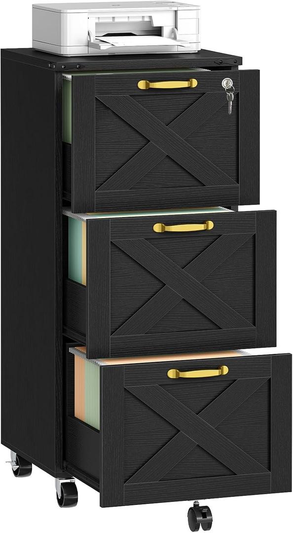HOOBRO 3 Drawer File Cabinet with Lock, Mobile Filing Cabinet for Home Office, Wooden Farmhouse Office Storage Cabinet, Printer Stand Fits Letter and A4 Size, Black BK93WJ01, 15.7"L x 15.7"W x 37"H
