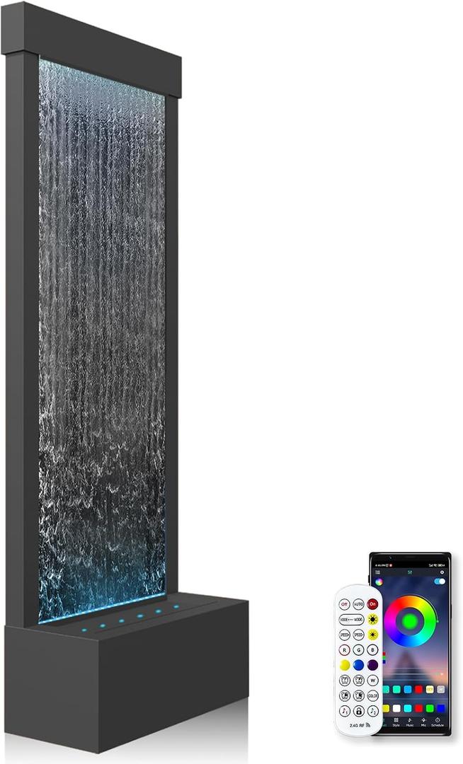 48" Indoor Waterfall Fountain with LED Lights - 7-Color Illuminated Mirror Waterfall, Self-Contained Water Feature Kit for Home Decor, Large Indoor Fountain with Captivating Water Flow