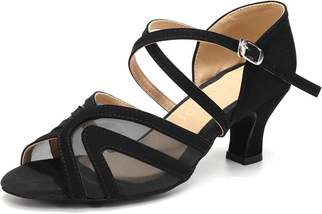 Women's Latin Ballroom Dance Shoes Mesh Open Toe Salsa Shoes 2 Inch Heel, Black, Size: 7.5