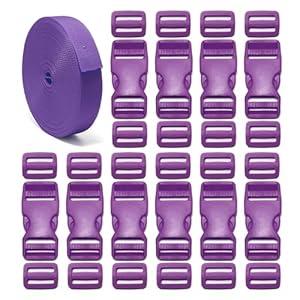 ONE WVW PIN 1 inch Buckle Strap Set with 10 Yards Nylon Webbing, 10 Pcs Quick Side Release Plastic Buckles, 20 Pcs Triglide Slide Clip for DIY Backpack Replacement (Purple)