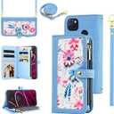 Floral Wallet Case for T-Mobile Revvl 5G Zipper Purse Women Blue | Wrist/Shoulder Strap, Credit ID Card Holder, Slots, Stand, Flip Phone Cover, for Tmobile Revvl5G T Mobile TCL Revel G5 T790W