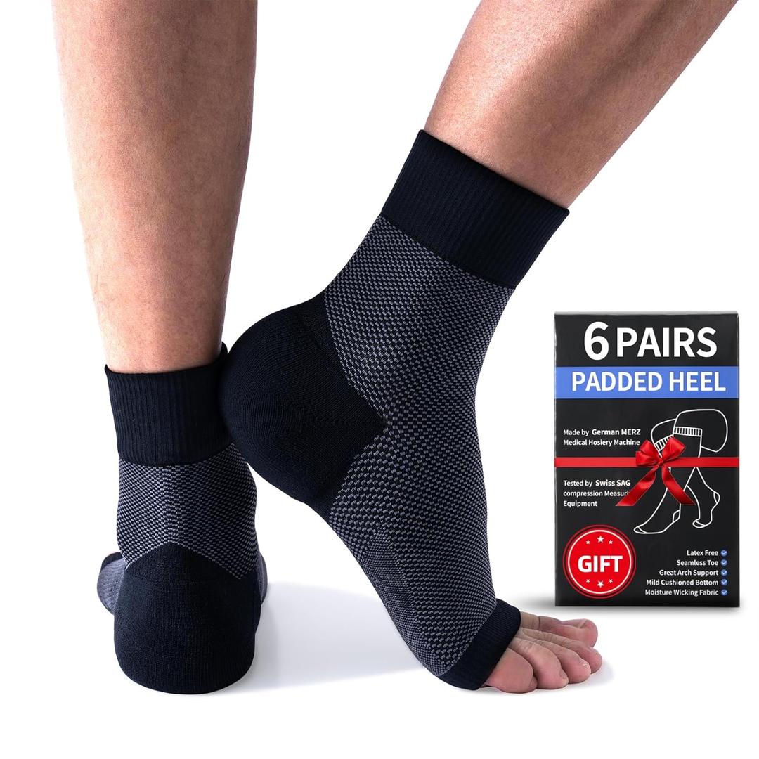Ankle Compression Sleeve (Cushioned Heel & Firm Support) - Plantar Fasciitis Brace - Open Toe Compression Socks for Swelling, Sprain, Neuropathy, 20-30 mmHg (Small, 6 Pairs - Black)