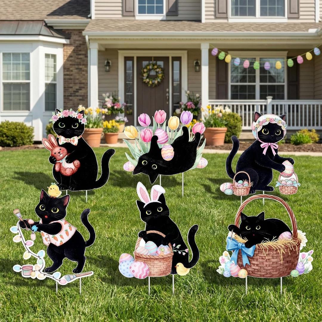 Novabright 6 Pcs Easter Decorations, Easter Black Cat Yard Signs with Stakes, 15 Waterproof Spring Egg Black Cat Outdoor Decor for Outside Lawn Pathway Walkway Patio Decoration