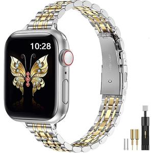 MioHHR Slim Metal Band Compatible with Apple Watch Band 42mm(Series 11 10) 41mm(Series 9 8 7) 40mm(Series 6 5 4 SE3/2/1) 38mm(Series 3 2 1),Stainless Steel iWatch Bands for Women,Silver/Gold