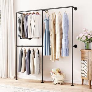 DR.IRON Industrial Pipe Clothing Racks with Double Bar, Industrial Black Clothes Racks Wall Mounted, Heavy Duty Closet Rods for Hanging Clothes Organizer Storage,
43.7"D x 3.74"W x 78.7"H