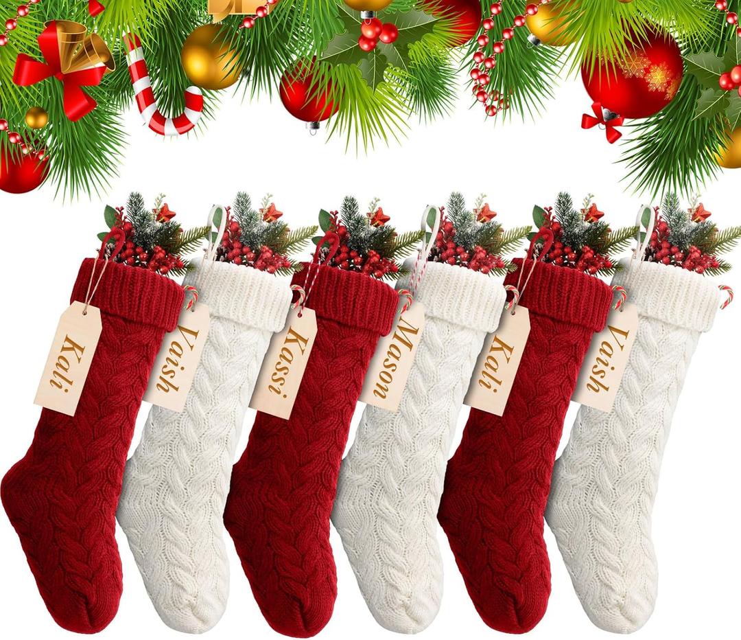 Sumind 6 Pack Personalized Christmas Stocking 18'' Large Family Knitted Xmas Stocking with Name Tags Set for Holiday Fireplace Party Decor (Burgundy, Ivory)