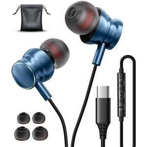 USB C Wired Headphones for Samsung Galaxy S25/S24/S23/S22 Ultra, Stereo Type C Earphones with Mic Volume Control Noise Cancelling Wired Earbuds for iPhone 17 Pro Max 15 16 Google Pixel 9 Pro - Blue