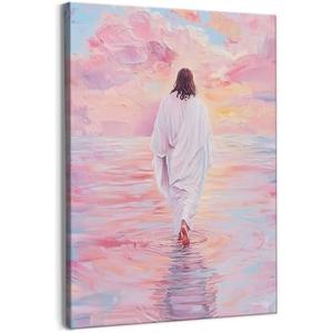 Qabliqo Jesus Walking on Water Framed Wall Art, Pink Pastel Christian Jesus Wall Decor, Christian Religious Canvas Poster Prints Pictures for Home Bedroom Living Room Church, 11x14 Inches