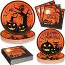Homlouue 200 PCS Halloween Plates and Napkins, Black Pumpkin Paper Plates for Halloween Party Decoration, Serves 50, With Bat & Cat Design