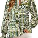 MASCOMODA Womens V Neck Floral Long Sleeve Tops 2025 Summer Casual Loose Puff Sleeve Chiffon Boho Work Blouse Dressy T Shirts (Small, Floral Grass Green)