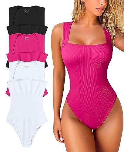 OQQ Women's 3 Piece Bodysuits Sexy Ribbed Strappy Square Neck Sleeveless Tummy Control Tank Tops Bodysuits Black Rose3 White, XL