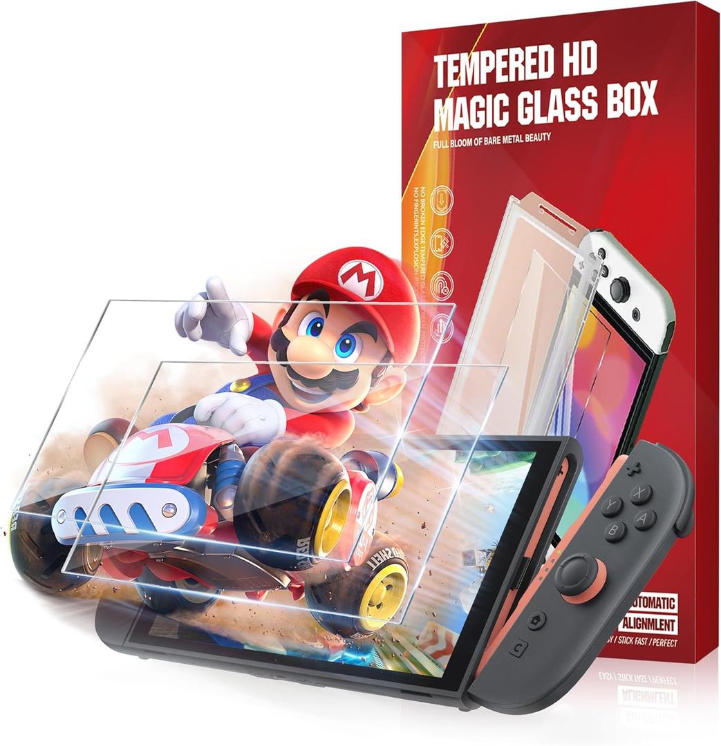 JZG 2 Pack Tempered Glass Screen Protector for Nintendo Switch 2 (2025), Auto Alignment Kit, Bubble Free Installation, Touch Sensitive, Ultra Clear HD Anti Scratch, Dust Removal (Transparent)