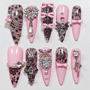 Handmade Press On Nails Stiletto, Pink Press On Nails Long, Rhinestone Lace 3D Nails With Bow For Women Gift, Reusable Stick On Fake Nails Kit With Nail Glue (Lace Charm, L)