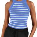 PRETTYGARDEN Womens Tops Dressy Casual Halter Neck Going Out Tank Tops for Women 2025 Slim Fit Ribbed Striped Summer Tanks (Blue, XXL)