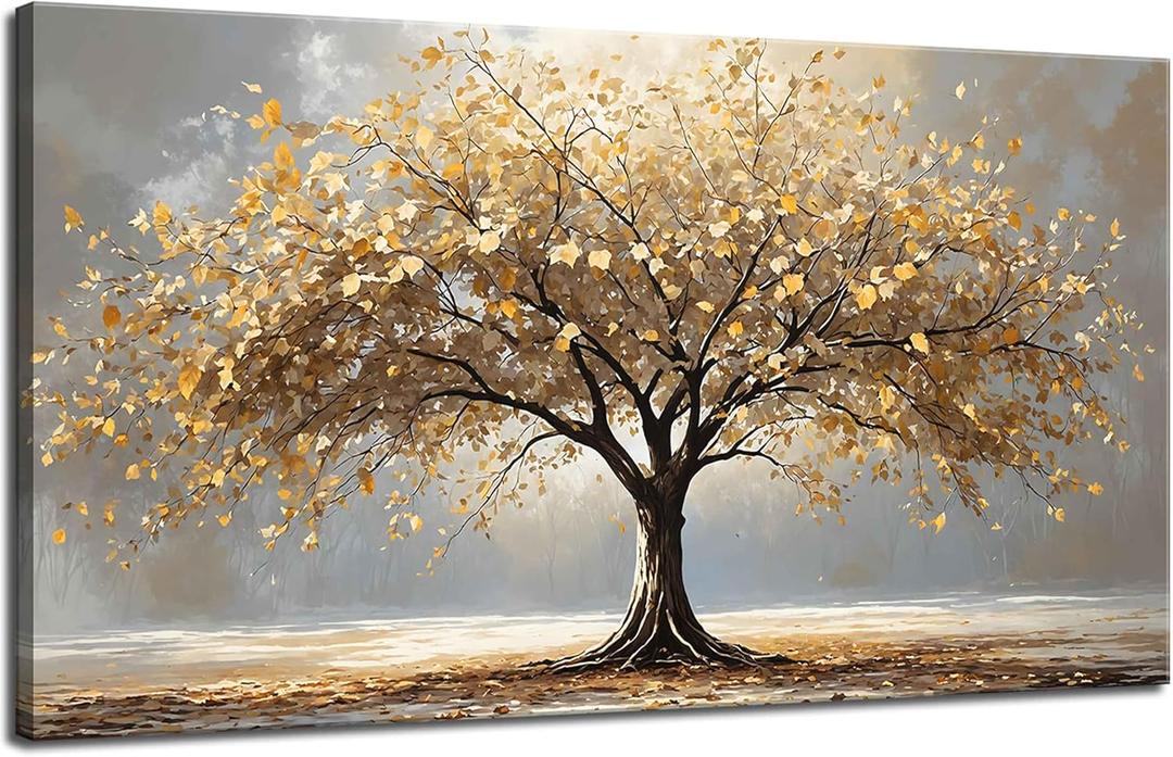 Large Gold Tree of Life Canvas Wall Art Retro Abstract Tree Decor painting Picture Nordic Golden Plant Flowers Posters Prints for living room Bathroom Bedroom Office Hallway Home Decoration (24"L x 12"W)