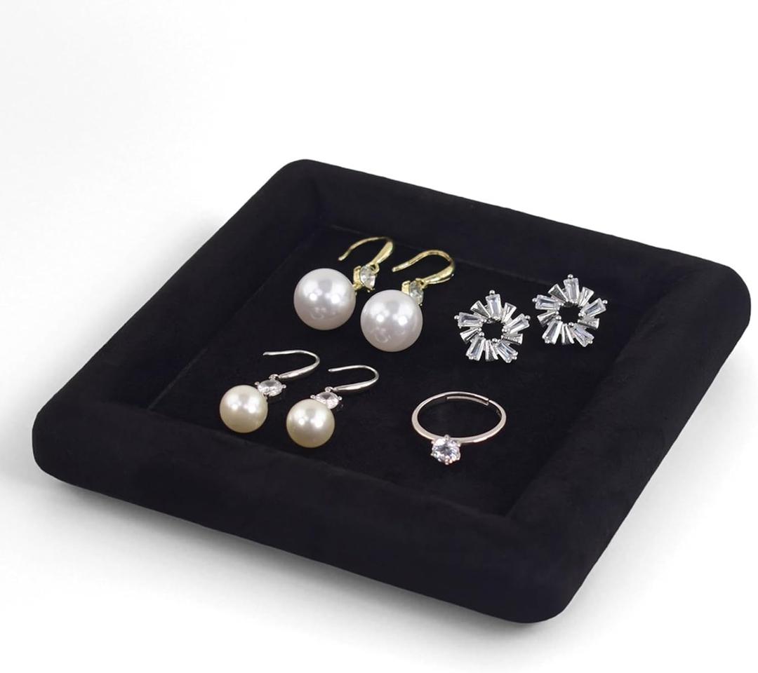 Black Velvet Jewelry Display Tray, Luxury Velvet Ring Holder Showcase for Necklaces Earrings, Jewelry Store Display and Ecommerce Photography Prop, 4.72x4.72 Inches (Black)