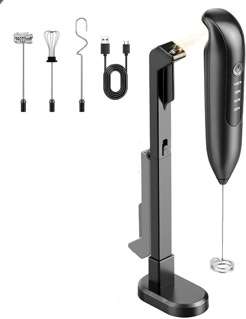 Electric Milk Frother Handheld: Rechargeable 3 in 1 - LED Digital Display with 3 Speeds Portable Stainless Steel Drink Foam Mixer for Milk Coffee, Lattes, Valentine's Day gifts - Onyx Black