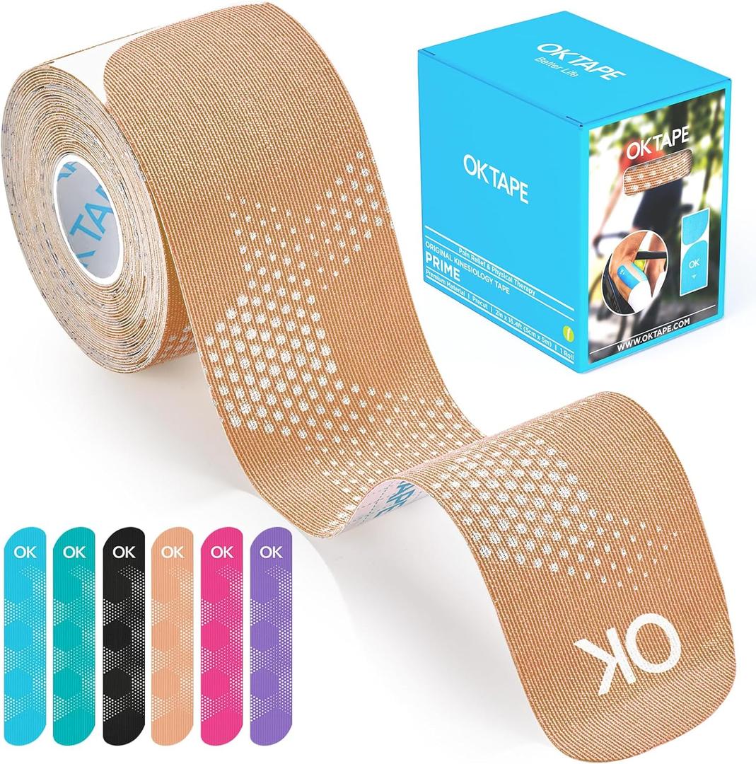 OK TAPE Synthetic Kinesiology Tape Precut Strips, Waterproof Elastic Athletic Tape for Pain Relief & Muscle Support, Reflective Design, 2in16.4ft Roll, 20 PCS -Beige