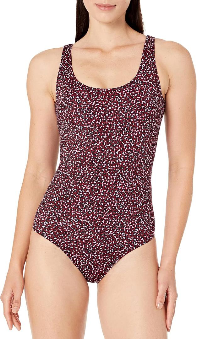 Amazon Essentials Women's One-Piece Coverage Swimsuit ((Brick Red Leopard), Small