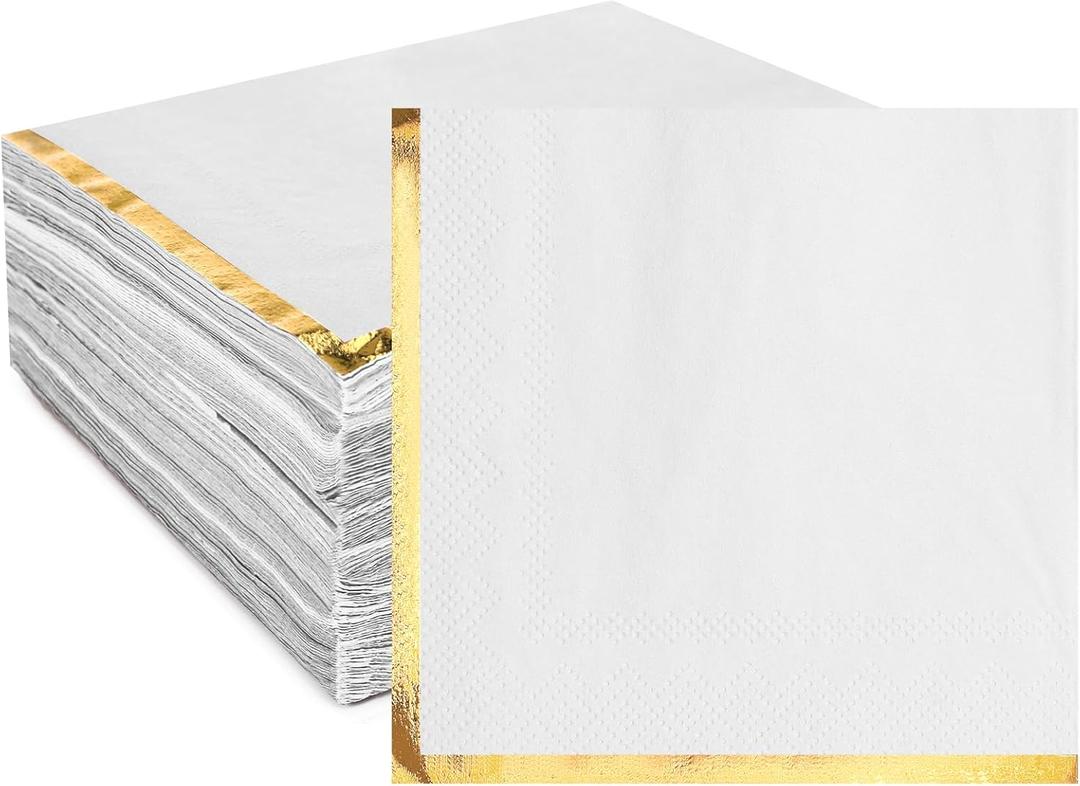 Fulmoon 100 Pack 2 Ply Cocktail Napkins Paper Gold Foil Trim Edge Beverage Dessert Disposable Paper Napkins Dinner Baby Shower Wedding Birthday Party Tableware Decorations, 5 x 5 Inches(White)