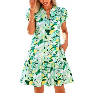 dowerme Womens Summer Dresses 2025 Puffy Sleeve V Neck Loose Floral Print A Line Boho Mini Babydoll Dress with Pockets (Green, XX-Large)