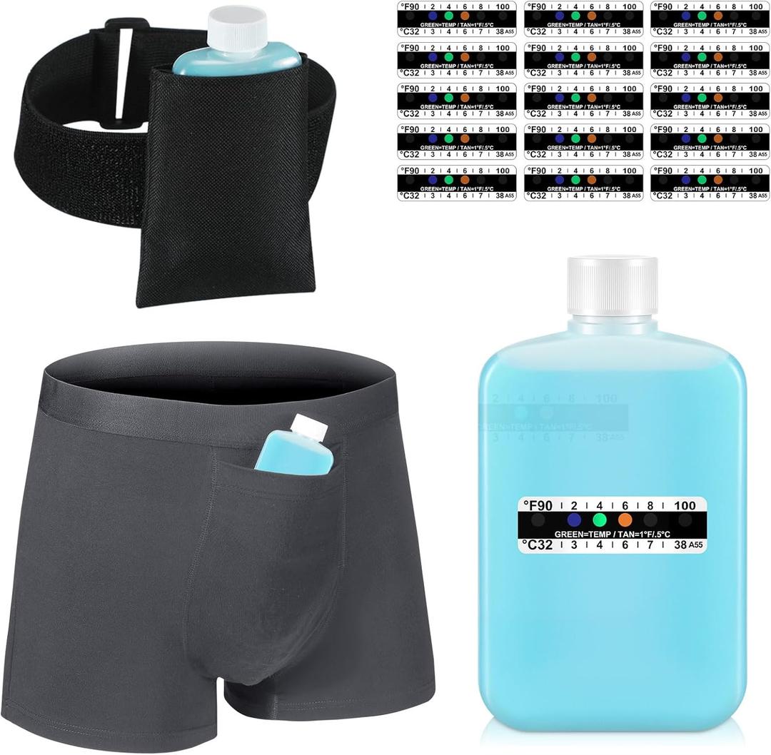 Cuffbow 19 Pcs Urine Test Complete Kit, Include 1 Urine Bottle 15 Temperature Test Strips 1 Storage Pouches 1 Leg Strap and 1 Lining Pocket Boxer Brief for Travel Lab Testing(Medium)