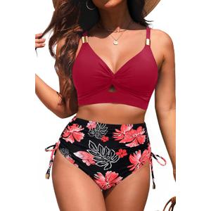Yonique Women High Waisted 2 Piece Bikini Set Tummy Control Full Coverage | Removable cups, smoothing gathered midsection, figure-flattering front ruching, and a stylish V-neck wrap top (S)