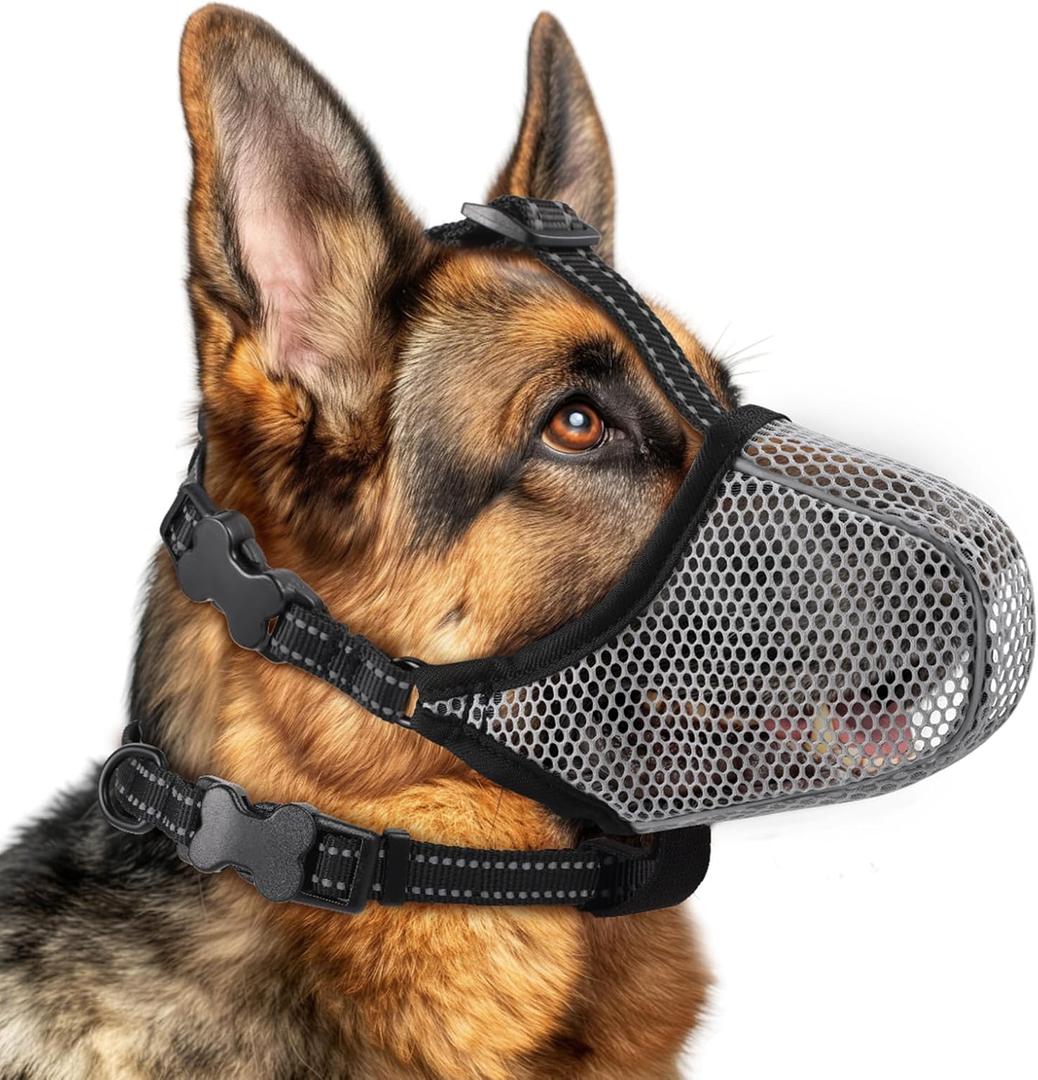 Dog Muzzle,Mesh Soft Muzzle for Small Medium Large Sized Dogs, Breathable Reflective Adjustable Puppy Muzzles with Collar for Scavenging Grooming Biting Chewing,Allows Panting and Drinking(Grey L)