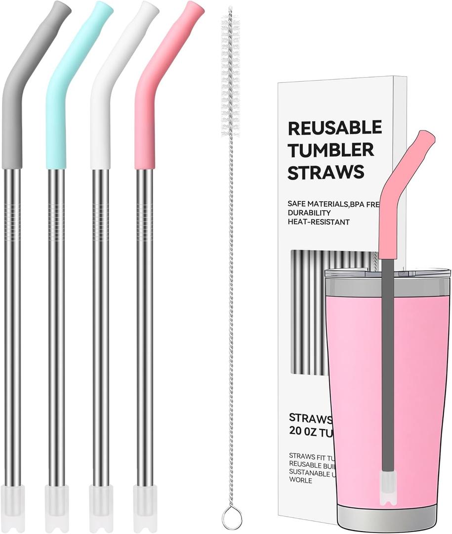 4 PACK 20 oz Straight Metal Straws with Silicone Tip for 20 oz Tumbler, Stainless Steel Reusable Drinking Metal Straw for YETI, STANLEY, US Acrylio, BJPKPK, Simple Modern and so on (COLOR 6)