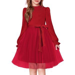 Arshiner Girls Tulle Dress Puff Long Sleeve Mock Neck Cable Knit Sweater Formal Casual Fall Winter Tutu Dresses with Belt (7-8 Years, Red)