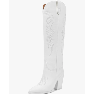 ISNOM Women's Cowgirl Boots Pull On Knee High Boots, Cowboy Western Embroidered Chunky Block Heel Pointed Toes Boots, 8 