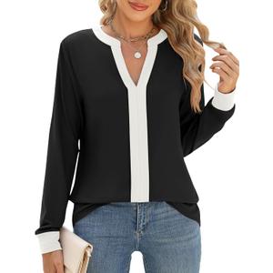 Micoson Womens Tops Dressy Casual Long Sleeve Business Shirts V Neck Pleated Work Blouses Loose Fit Fall Trendy Knit Top, S