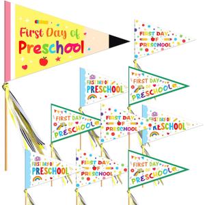 First Day of Preschool Banner Flag Welcome to Preschool Pennant Banner First Day of Kindergarten Flag Sign Centerpiece Sticks with Ribbons for Back to School Classroom Decoration,12 Pcs
