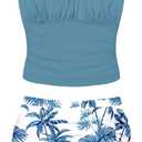 ADIRUN Girls Tankini Bathing Suits Two Piece Tropical Print Pleated Tween Girls Swimsuits Adjustable Straps with Ruffle Drawstring Skirt Swimwear Dark Blue 13-14 Years