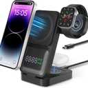 4 in 1 Wireless Charging Station for Multiple Devices,15W Foldable Wireless Charger Stand with Time,Compatible with iPhone12-15 Series, Apple Watch, AirPods - Gifts for Men &Women(NO Adapter)