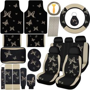 BBTO 47 Pcs Butterfly Car Seat Full Set Butterfly Car Accessories for Women 5 Front Rear Seat Covers Wrist Strap 2 Pieces Cup Mat Armrest Pad 2 Belt Cover Accessories for SUV(Cream-Colored，Black) 