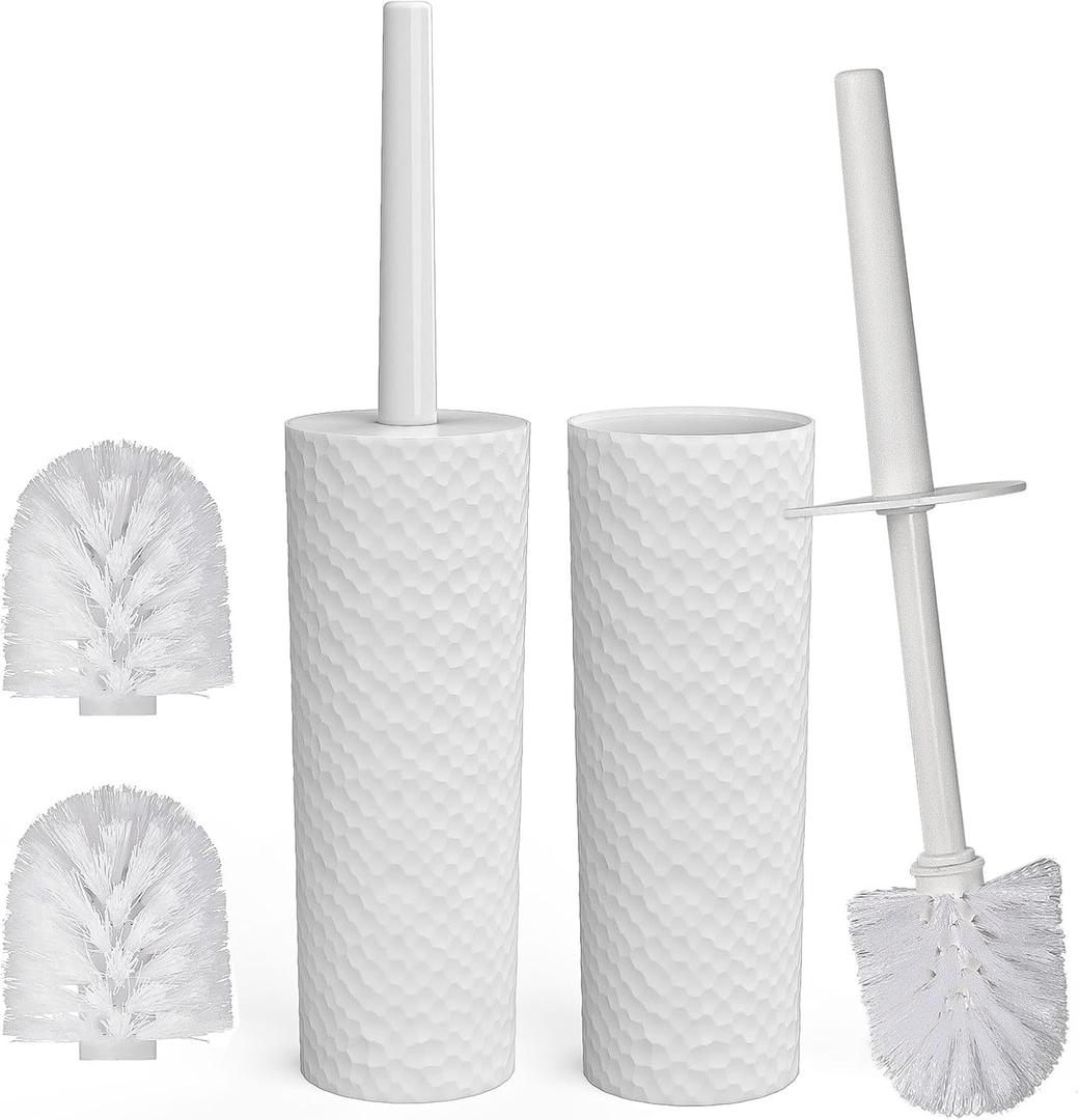 Topsky Toilet Brush & Holder Set, 2 Pack Plastic Round Barrel Loo Brush with 2 Replacement Heads, Durable for Bathroom, White