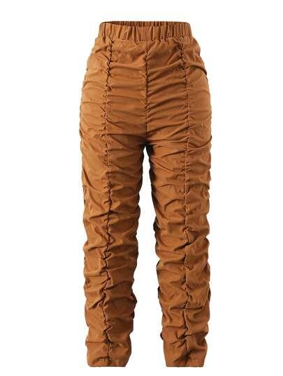 SHEIN Tween Girl Elastic Waist Pleated Pants
 (XX-Large, Chestnut Brown)