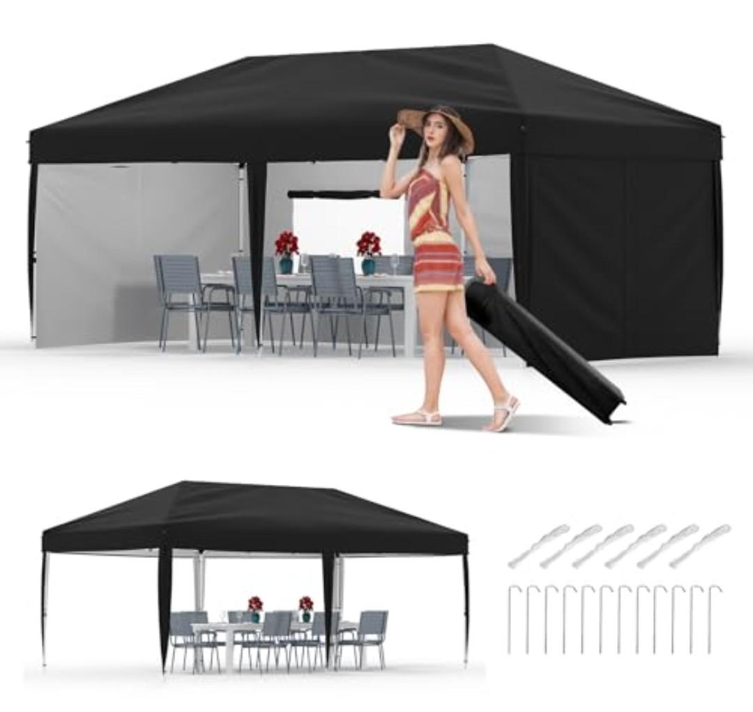 GarveeLife 10x20 Pop Up Canopy with 4 Sidewalls, Beach Ten with One Push Setup, Heavy Duty Outdoor Instant Canopy Tent with Portable Roller Bag, Silver Coated Top, 3 Adjustable Height, Sandbags,Black