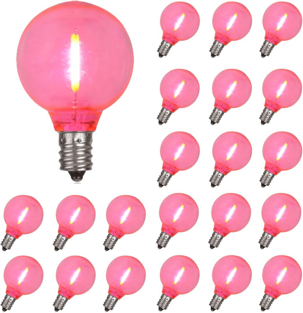 25 Pack G40 LED Replacement Bulbs,120V 0.5W,E12 Base,for Outdoor String Lights-Pink (Transparent Color)