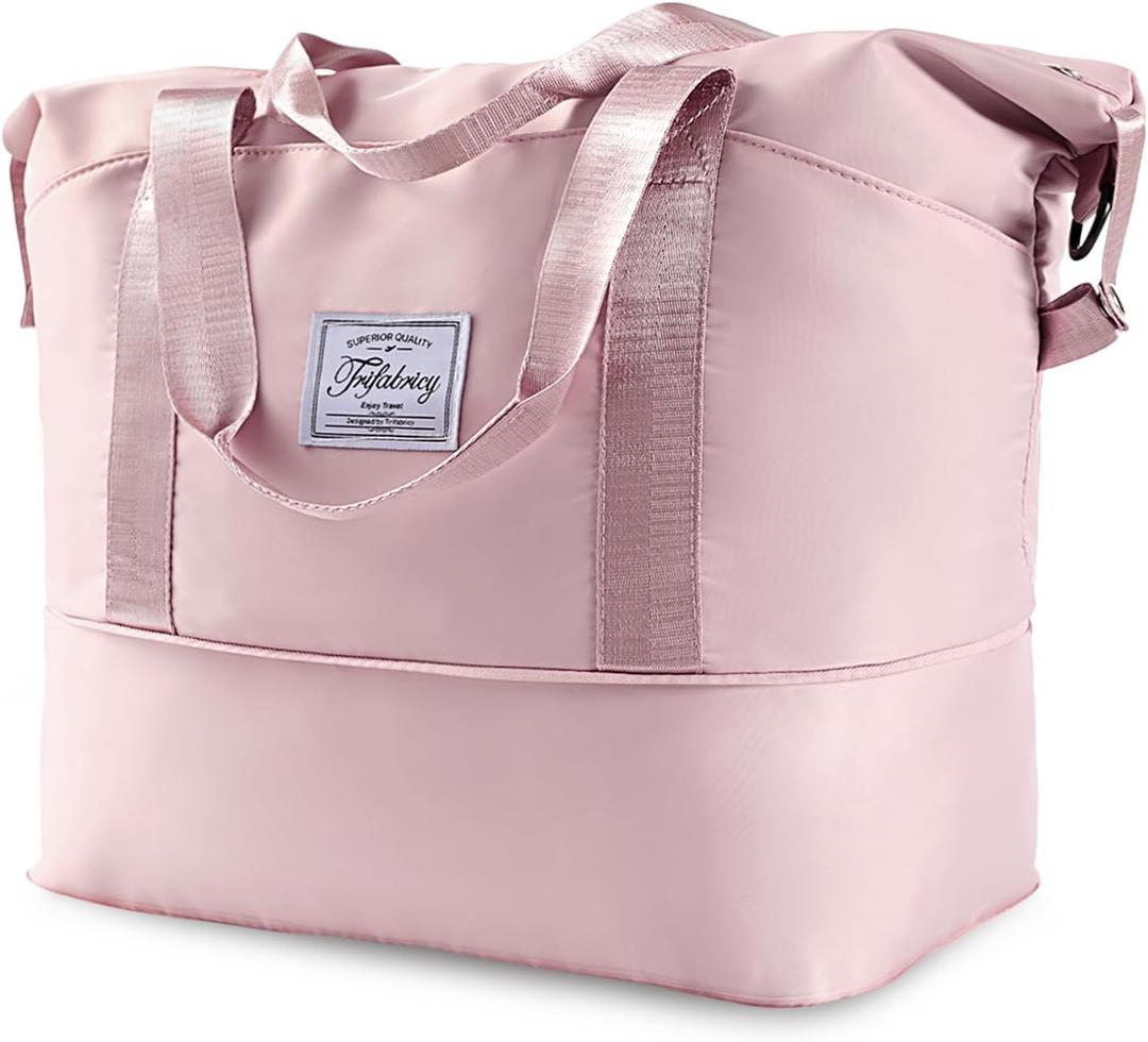 Large Shoulder Weekender Overnight Duffel Bag - Carry On with Wet Pocket, Waterproof Expandable Duffel Bag with Trolley Sleeve, Sports Tote Gym Bag for Women, Pink