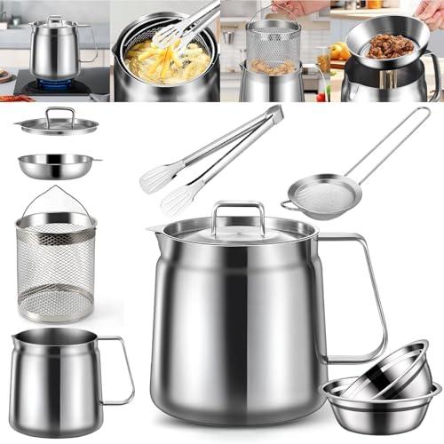 2L Stainless Steel Oil Filter Pot, 2 in 1 Oil Strainer Pot, Bacon Grease Saver with Strainer, Frying Basket, Filter, Mixing Bowls and Clip, Versatile Bacon Grease Container for Kitchen Storing Grease