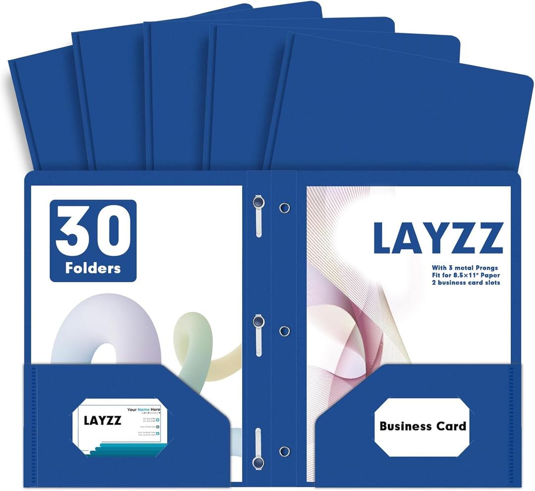 Plastic 2 Pocket Folders with Prongs, 30 Pack, Heavyweight, Letter Size Poly Folders with 3 Metal Prongs Fastener Clips (Blue)