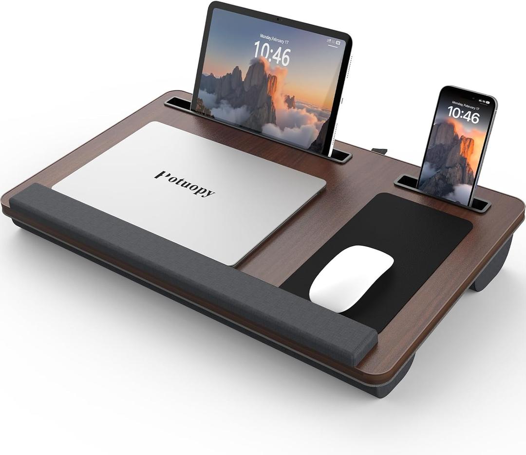 Potuopy Lap Desk - Up to 17 Laptop Tray with Wrist Rest, Portable Handle, Fixed Mouse Pad, Tablet & Phone Slots, Laptop Lap Desk with Cushion (Dark Brown)
